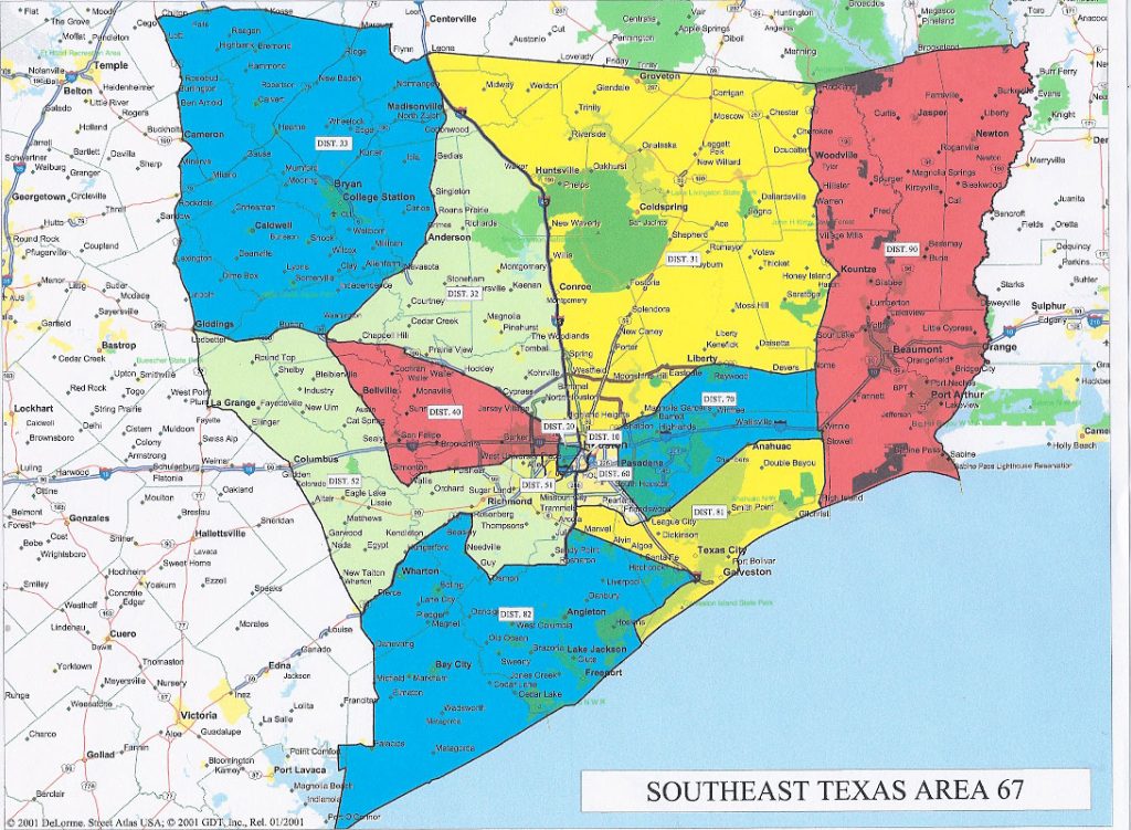 Map of the 18 districts of Area 67 across Southeast Texas